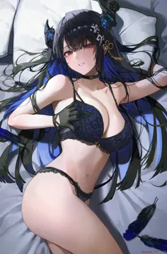 1girl asymmetrical_horns bare_shoulders black_gloves black_hair blue_bra blue_hair blush bra breasts cleavage colored_inner_hair crystal_horns demon_horns feathers flower flower_knot from_above gloves hair_ornament hair_spread_out head_on_pillow hololive hololive_english horn_flower horns large_breasts lingerie looking_at_viewer lying mole mole_under_eye multicolored_hair navel nerissa_ravencroft on_side panties parted_lips pillow red_eyes slit_pupils smile solo sooon stomach string_panties tassel tassel_hair_ornament thighs twisted_torso two_tone_hair underwear underwear_only uneven_horns virtual_youtuber