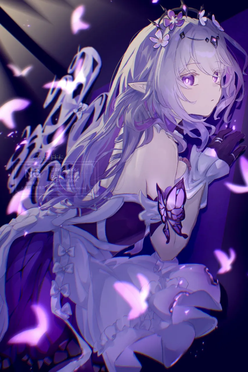 1girl black_tiara breasts bug butterfly closed_mouth dress flower from_side gloves hair_flower hair_ornament long_hair medium_breasts pointy_ears purple_eyes purple_gloves purple_hair sideboob solo tiara white_dress suwa__swk_kkk honkai__star_rail honkai__series castorice__honkai__star_rail