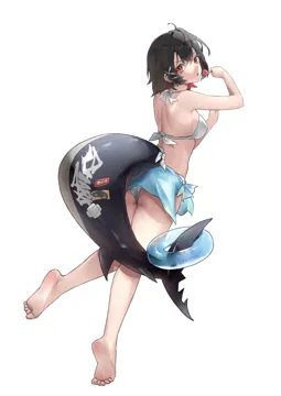 1girl alternate_costume ass barefoot bikini bikini_skirt black_hair blue_innertube breasts candy colored_inner_hair feet fins fish_tail food from_behind full_body holding holding_candy holding_food holding_lollipop lollipop looking_at_viewer looking_back median_furrow medium_breasts mole mole_under_eye multicolored_hair parted_lips red_eyes red_hair saliva saliva_trail scar scar_on_tail shark_girl shark_tail sharp_teeth short_hair simple_background soles solo swimsuit tail teeth thighs toe_scrunch toes white_background white_bikini yawww__yawwwart zenless_zone_zero ellen_joe__zenless_zone_zero