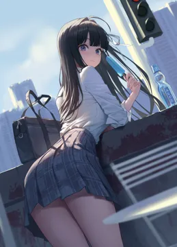 1girl ahoge bag blunt_bangs blurry blurry_background blurry_foreground bottle city cityscape closed_mouth collared_shirt dutch_angle food from_behind hair_intakes hair_ribbon high_waist_skirt holding holding_food holding_popsicle lamppost leaning_forward long_hair looking_at_viewer looking_back plaid_clothes plaid_skirt popsicle purple_eyes ribbon school_bag school_uniform shirt shirt_tucked_in skirt sleeves_rolled_up smile solo table thighs water_bottle white_ribbon white_shirt xzu girls_band_cry awa_subaru__girls_band_cry