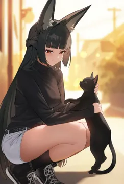 1girl animal animal_ear_fluff animal_ears bangs black_cat black_footwear black_hair blunt_bangs blurry blurry_background blurry_foreground blush boots braid breasts cat cross_laced_footwear depth_of_field holding_animal holding_cat long_hair long_sleeves petting red_eyes smile solo squatting tail very_long_hair zenless_zone_zero hoshimi_miyabi__zenless_zone_zero