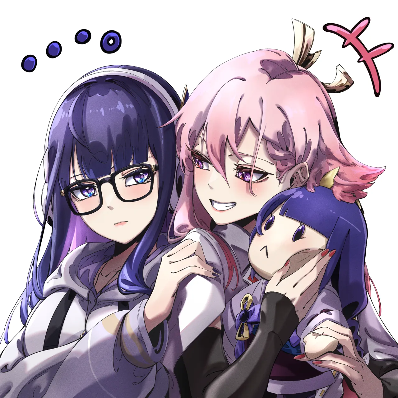 2girls alternate_costume animal_ears bespectacled black_framed_eyewear blush character_doll closed_mouth detached_sleeves doll floppy_ears fox_ears glasses grin hair_ornament hairband hand_on_another_s_shoulder holding holding_doll hood hood_down hoodie long_hair long_sleeves looking_at_another looking_at_viewer multiple_girls nail_polish pink_hair purple_eyes red_nails simple_background sleeves_past_wrists smile white_background yuri taiju__gr09kuma genshin_impact raiden_shogun__genshin_impact raiden_shogun__2nd_anniversary__genshin_impact yae_miko__genshin_impact yae_miko__2nd_anniversary__genshin_impact
