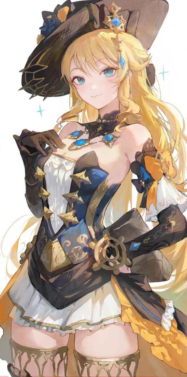 1girl bare_shoulders black_gloves black_headwear blonde_hair blue_eyes breasts cleavage cowboy_shot dress gloves hand_on_own_chest hand_on_own_hip long_hair looking_at_viewer simple_background smile solo standing strapless strapless_dress thighs very_long_hair white_background yonesdraws genshin_impact navia__genshin_impact