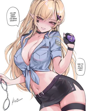 1girl badge black_choker blonde_hair blush braid breasts choker cleavage cuffs earrings english_text front_tie_top hair_ornament handcuffs holding holding_badge holding_handcuffs jewelry large_breasts long_hair looking_at_viewer navel no_bra open_mouth pencil_skirt pink_eyes pointy_ears police police_uniform policewoman shirt side_braid simple_background skirt solo speech_bubble teeth thigh_strap tied_shirt white_background x_hair_ornament keyokku