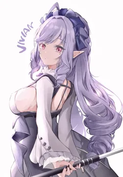 1girl ahoge arms_behind_back backless_outfit black_nails breasts character_name expressionless hairband long_hair looking_at_viewer mole mole_under_eye pink_eyes pointy_ears purple_hair purple_hairband ringlets sideboob sidelighting simple_background solo upper_body white_background pinjirooo zenless_zone_zero vivian__zenless_zone_zero