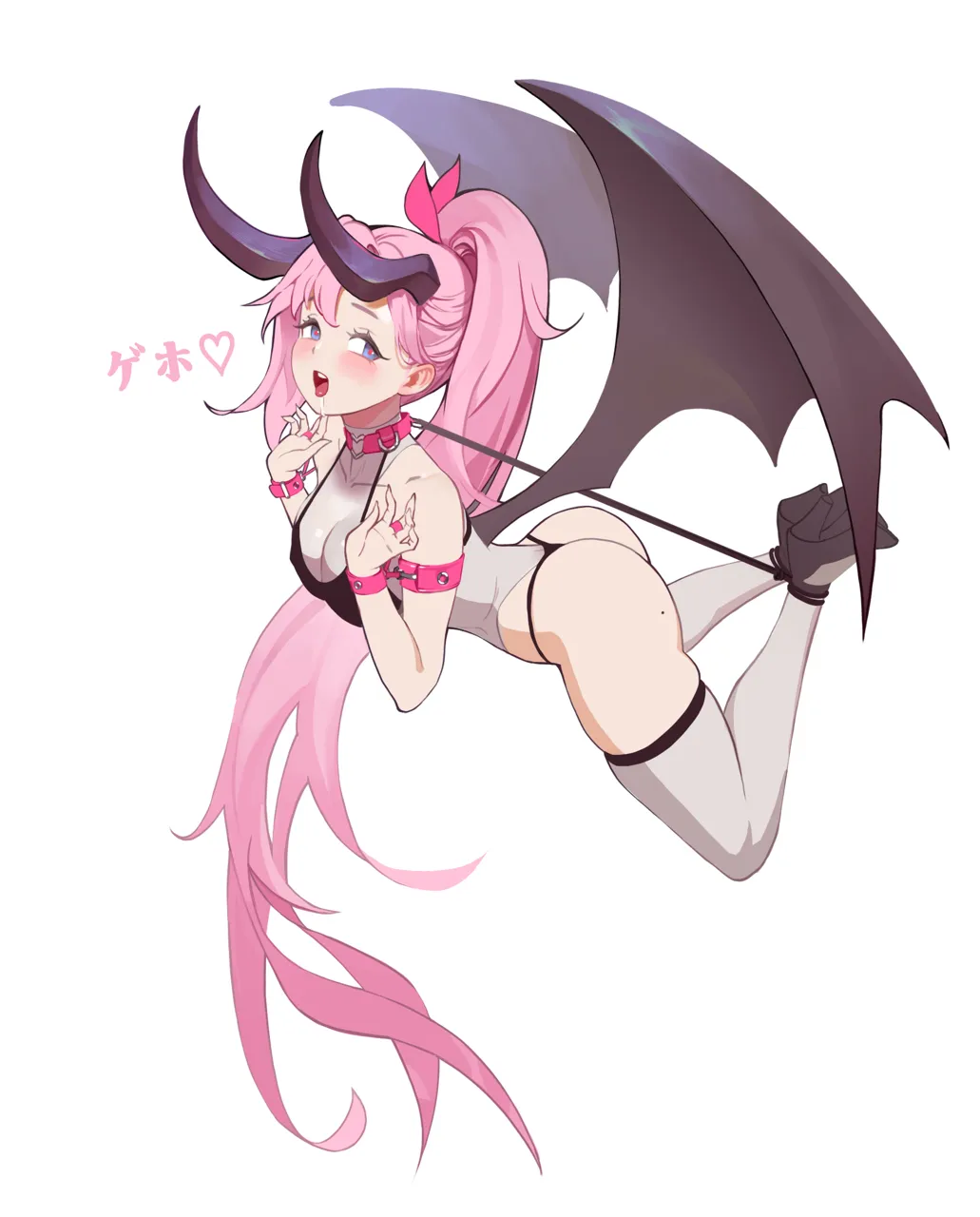 1girl ass black_panties black_wings blue_eyes bound bound_ankles bound_wrists breasts brown_wings choker cleavage collar demon_girl demon_horns demon_wings drooling heart heart_shaped_pupils horns leotard long_hair looking_at_viewer mole mole_on_ass open_mouth oversized_wings panties pink_hair ponytail restrained saliva small_breasts solo symbol_shaped_pupils thick_thighs thighhighs thighs thong underwear white_thighhighs wings midfinger