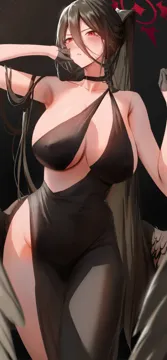 1girl alternate_costume black_background black_choker black_dress black_gloves black_hair black_wings blue_archive blush breasts choker collarbone dress gloves hair_between_eyes half_gloves halo hasumi__blue_archive large_breasts long_hair looking_at_viewer parted_lips ponytail red_eyes red_halo rororo simple_background solo thighs very_long_hair wings