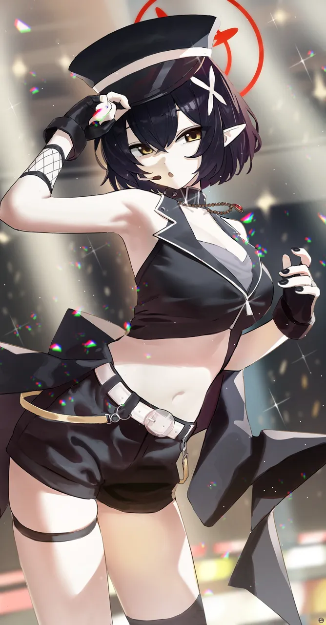 1girl arm_up armpits belt black_collar black_gloves black_hair black_hat black_nails black_shorts black_vest blurry blurry_background breasts cleavage collar contrapposto crop_top crossed_bangs elf fingerless_gloves fingernails gloves hair_between_eyes hair_ornament halo hat idol_clothes large_breasts light_particles looking_at_viewer midriff nail_polish navel no_eyewear official_alternate_costume open_mouth pointy_ears red_halo short_hair short_shorts shorts skindentation solo stage stomach studded_collar thigh_strap thighs vest white_belt yellow_eyes songchuan_li blue_archive ayane__blue_archive ayane__idol__blue_archive