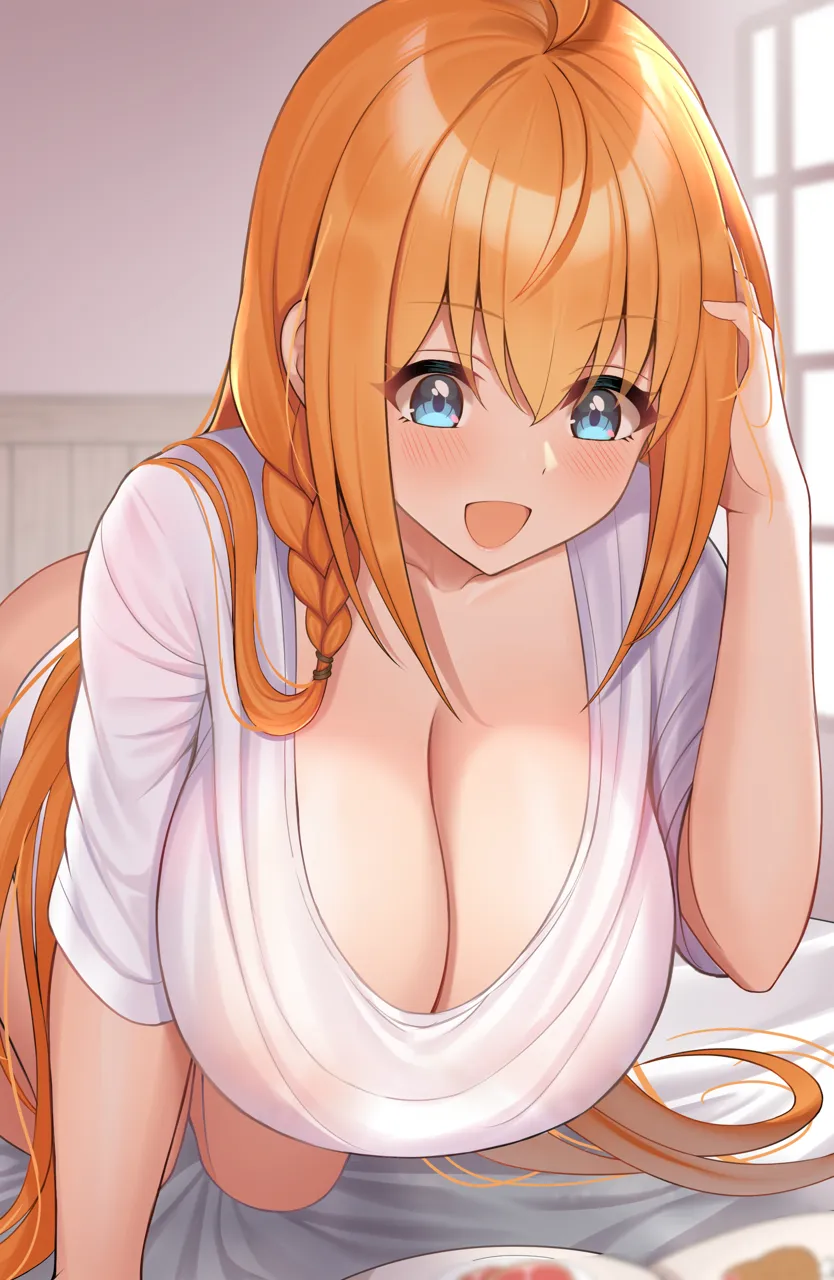 1girl ahoge blue_eyes blush braid breasts cleavage collarbone downblouse hanging_breasts komainu__yamaha1997 large_breasts leaning_forward long_hair long_sleeves open_mouth orange_hair pecorine__princess_connect princess_connect shirt side_braid smile solo white_shirt
