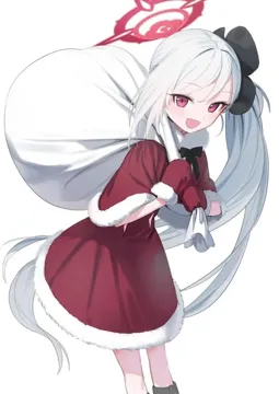 1girl bell black_bow boots bow capelet christmas fur_trim fur_trimmed_boots fur_trimmed_capelet fur_trimmed_dress fur_trimmed_gloves fur_trimmed_headwear fur_trimmed_sleeves gloves holding holding_sack long_hair looking_at_viewer merry_christmas open_mouth pink_eyes red_capelet red_dress red_gloves sack santa_boots santa_costume santa_dress santa_gloves santa_hat simple_background smile solo very_long_hair white_background white_hair blue_archive asagi_mutsuki__blue_archive