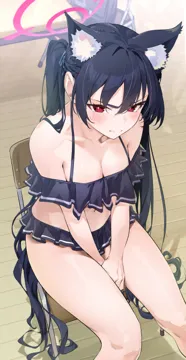 1girl animal_ear_fluff animal_ears bikini bikini_skirt black_hair blue_archive blue_eyes blush breasts cat_ears chair cleavage closed_mouth cross_hair_ornament extra_ears frilled_bikini frills from_above hair_ornament halo jjjsss off_shoulder off_shoulder_bikini official_alternate_costume red_eyes serika__blue_archive serika__swimsuit__blue_archive sitting small_breasts swimsuit thighs twintails v_shaped_eyebrows