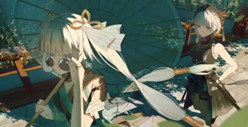 2girls black_headwear breasts dress earrings glasses grey_eyes hair_ornament hat holding holding_umbrella jewelry katana long_hair looking_at_viewer medium_breasts mismatched_pupils multiple_girls outdoors red_eyes shadow sunlight sword tacet_mark__wuthering_waves tree_shade umbrella walking weapon white_hair maria_onnette wuthering_waves jinhsi__wuthering_waves sanhua__wuthering_waves