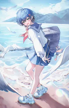 1girl alternate_costume bag bird blue_hair blue_sailor_collar blue_skirt full_body hair_between_eyes hair_ornament hand_up letter_hair_ornament long_sleeves looking_at_viewer neckerchief open_mouth outdoors red_neckerchief sailor_collar school_bag school_uniform shirt shoes short_hair skirt smile socks solo white_shirt white_shoes white_socks zije zenless_zone_zero belle__zenless_zone_zero