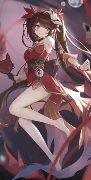 1girl back_bow bare_shoulders barefoot bell belt black_choker black_gloves blurry blurry_background bow bracelet breasts brown_bow brown_hair brown_sash choker crescent detached_sleeves dress fingernails flower fox_mask full_body gloves gold_trim hair_bell hair_between_eyes hair_ornament hands_up holding holding_mask jewelry leg_up long_fingernails long_hair long_sleeves looking_at_viewer mask mask_on_head medium_breasts nail_polish neck_bell purple_background red_dress red_flower red_nails ribbon ring sash seigaiha sidelocks single_glove smile solo teeth twintails very_long_hair yellow_belt yellow_ribbon jiang_zhuti_jiojio honkai__star_rail honkai__series sparkle__honkai__star_rail