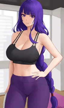 1girl arm_at_side ass_visible_through_thighs bare_shoulders black_sports_bra blunt_bangs blush braid breasts cleavage collarbone covered_navel cowboy_shot crop_top genshin_impact hand_on_own_hip high_waist_pants holding holding_towel indoors large_breasts long_hair looking_at_viewer low_braided_long_hair low_tied_long_hair mole mole_under_eye o_ring o_ring_top pants parted_lips purple_eyes purple_hair purple_pants raiden_shogun smile solo sports_bra sportswear thighs towel twitter_username very_long_hair yoga_pants zaphn