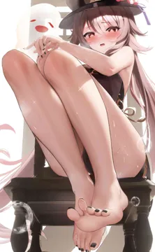 1girl bare_legs barefoot black_hat black_nails blush boo_tao__genshin_impact breasts brown_hair dorsiflexion embarrassed fantongjun feet feet_up flower flower_shaped_pupils foot_focus from_below full_body furrowed_brow genshin_impact ghost hair_between_eyes hair_flaps hat hat_flower hat_tassel hu_tao__genshin_impact knees_up legs legs_together long_hair looking_at_viewer nail_polish on_chair open_mouth own_hands_together porkpie_hat red_eyes short_shorts shorts sidelocks solo sparkle suggestive_fluid sweat symbol_shaped_pupils thighs toe_point toenail_polish toenails toes twintails very_long_hair wavy_mouth