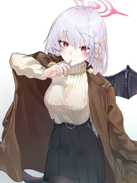 1girl alternate_costume arm_behind_back belt black_belt black_pantyhose black_skirt black_tail black_wings braid breasts brown_coat candy casual coat food food_in_mouth hair_ornament halo holding holding_candy holding_food holding_lollipop jacket jacket_on_shoulders lapel_chain lapels lollipop long_hair long_sleeves looking_at_viewer medium_breasts miniskirt notched_lapels pantyhose pleated_skirt red_eyes red_halo ribbed_sweater side_braid single_wing skirt solo sweater tail tented_shirt turtleneck turtleneck_sweater upper_body white_background white_hair wings yellow_sweater haoma blue_archive haruna__blue_archive