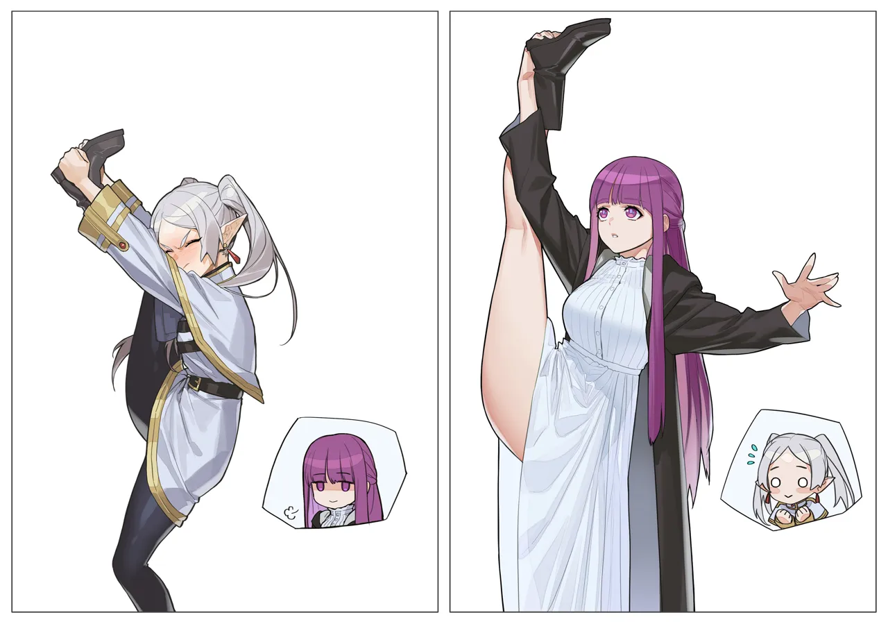 2girls arm_up arms_up balancing bare_legs belt black_coat black_footwear blunt_bangs blush boots capelet chibi chibi_inset clenched_hands closed_eyes coat dress earrings elf failure feet_out_of_frame fern__sousou_no_frieren flexible flying_sweatdrops frieren frown furrowed_brow grey_hair hair_over_shoulder haje half_updo hand_on_own_foot jewelry kneepits leg_hold leg_up long_hair long_sleeves looking_at_another looking_up multiple_girls o_o open_clothes open_coat outstretched_arm pantyhose parted_lips pointy_ears purple_eyes purple_hair sigh simple_background smile sousou_no_frieren split standing standing_on_one_leg standing_split straight_hair stretching tassel tassel_earrings teardrop_earrings thighs twintails very_long_hair white_background white_dress