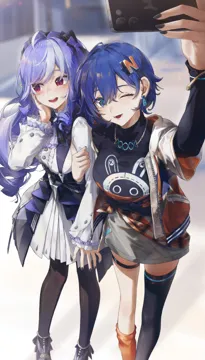 2girls ahoge asymmetrical_legwear black_pantyhose black_shirt black_thighhighs blue_hair blush cellphone earrings grey_hair hair_between_eyes hair_ornament holding holding_phone hood hooded_jacket jacket jewelry letter_hair_ornament long_hair long_sleeves looking_at_viewer looking_to_the_side mismatched_legwear multicolored_hair multiple_girls necklace one_eye_closed open_clothes open_jacket open_mouth orange_socks pantyhose phone pointy_ears purple_hair purple_nails red_eyes shirt short_hair skirt smartphone socks standing streaked_hair teeth thigh_strap thighhighs uneven_legwear upper_teeth_only white_shirt white_skirt yuri swkl_d zenless_zone_zero belle__zenless_zone_zero vivian__zenless_zone_zero