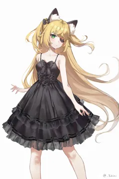 1girl alternate_costume animal_ear_fluff animal_ears black_bow black_dress blonde_hair blush bow cat_ears closed_mouth dress eyepatch feet_out_of_frame frilled_dress frills green_eyes hair_bow kemonomimi_mode long_hair looking_at_viewer one_eye_covered simple_background sleeveless sleeveless_dress solo standing two_side_up very_long_hair white_background yukiri__l_ii genshin_impact fischl__genshin_impact