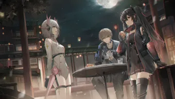 1boy 2girls accessories arms_behind_back black_hair blonde_hair blue_eyes branch breasts cloud cloudy_sky cup dress fingerless_gloves food gloves grey_hair hair_between_eyes hair_ornament hallway hand_on_own_face headphones holding holding_cup holding_food house jacket jewelry lantern leotard light_smile long_hair long_sleeves looking_at_another looking_at_viewer mecha_musume moon moonlight multicolored_hair multiple_girls necklace official_style open_mouth pillar pink_eyes red_eyes red_hair rooftop short_hair sitting sky small_breasts strap table twintails mada__shizhou punishing__gray_raven lee__entropy__pgr lee__pgr liv__lux__pgr liv__pgr lucia__plume__pgr lucia__pgr