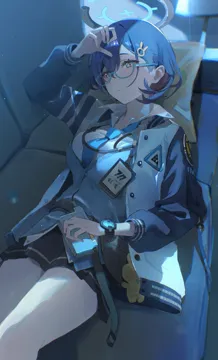 1girl black_skirt blue_framed_eyewear blue_hair blue_necktie blue_vest couch glasses hair_between_eyes hair_ornament hand_on_own_head head_on_pillow holding_radio jacket letterman_jacket multicolored_jacket necktie on_couch pillow rabbit_hair_ornament shirt skirt vest watch white_shirt wristwatch flatshi blue_archive chihiro__blue_archive
