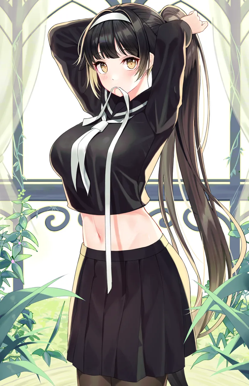 1girl arms_up black_hair black_sailor_collar black_serafuku black_shirt black_skirt blush breasts brown_eyes brown_pantyhose cowboy_shot crop_top crop_top_overhang curtains hair_intakes hair_ribbon hairband high_ponytail indoors large_breasts long_hair long_sleeves looking_at_viewer midriff mouth_hold navel neckerchief official_alternate_costume pantyhose plant pleated_skirt ponytail ribbon sailor_collar school_uniform serafuku shirt skirt solo stomach tying_hair very_long_hair white_hairband white_neckerchief white_ribbon window niji__rudduf232 azur_lane takao__azur_lane takao__school_romanza__azur_lane