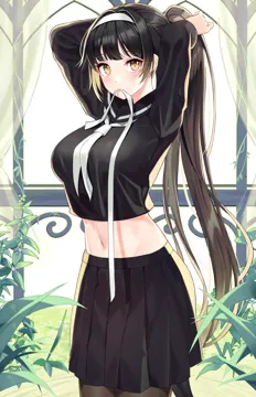 1girl arms_up black_hair black_sailor_collar black_serafuku black_shirt black_skirt blush breasts brown_eyes brown_pantyhose cowboy_shot crop_top crop_top_overhang curtains hair_intakes hair_ribbon hairband high_ponytail indoors large_breasts long_hair long_sleeves looking_at_viewer midriff mouth_hold navel neckerchief official_alternate_costume pantyhose plant pleated_skirt ponytail ribbon sailor_collar school_uniform serafuku shirt skirt solo stomach tying_hair very_long_hair white_hairband white_neckerchief white_ribbon window niji__rudduf232 azur_lane takao__azur_lane takao__school_romanza__azur_lane