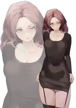 1girl adjusting_clothes black_dress breasts brown_eyes brown_hair cleavage closed_mouth collarbone covered_navel dress elden_ring expressionless garter_straps looking_to_the_side medium_breasts melina__elden_ring miao_jiangyou one_eye_closed scar scar_across_eye simple_background skin_tight solo thighs white_background zoom_layer