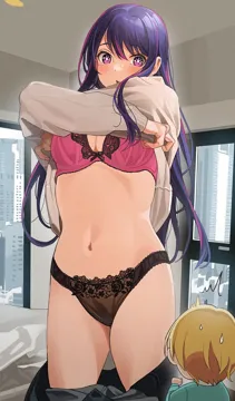 1boy 1girl black_panties black_pants blonde_hair blush bow bow_bra bra breasts brown_sweater cleavage clothes_lift clothes_pull hair_between_eyes hoshino_ai hoshino_aquamarine indoors long_hair long_sleeves medium_breasts mismatched_underwear mother_and_son navel oshi_no_ko panties pants pants_pull pink_bra purple_eyes purple_hair star__symbol star_shaped_pupils stomach sweat sweatdrop sweater sweater_lift swept_bangs symbol_shaped_pupils tipii underwear undressing window