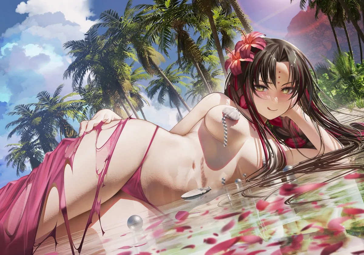 1girl bare_shoulders beach bikini black_hair blush bracelet braid breasts chest_tattoo cleavage facial_mark fate__series fate_grand_order flower forehead_mark hair_flower hair_ornament hand_on_own_hip jewelry large_breasts licking_lips long_hair looking_at_viewer lying multicolored_hair nanaken_nana navel necklace on_side outdoors palm_tree parted_bangs pearl_bracelet pearl_necklace pink_bikini pink_hair sarong sessyoin_kiara sessyoin_kiara__swimsuit_mooncancer sessyoin_kiara__swimsuit_mooncancer__first_ascension shell shell_necklace shell_pasties shore smile solo streaked_hair swimsuit tattoo thighs tongue tongue_out tree twin_braids very_long_hair water wet yellow_eyes