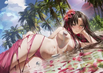 1girl bare_shoulders beach bikini black_hair blush bracelet braid breasts chest_tattoo cleavage facial_mark fate__series fate_grand_order flower forehead_mark hair_flower hair_ornament hand_on_own_hip jewelry large_breasts licking_lips long_hair looking_at_viewer lying multicolored_hair nanaken_nana navel necklace on_side outdoors palm_tree parted_bangs pearl_bracelet pearl_necklace pink_bikini pink_hair sarong sessyoin_kiara sessyoin_kiara__swimsuit_mooncancer sessyoin_kiara__swimsuit_mooncancer__first_ascension shell shell_necklace shell_pasties shore smile solo streaked_hair swimsuit tattoo thighs tongue tongue_out tree twin_braids very_long_hair water wet yellow_eyes
