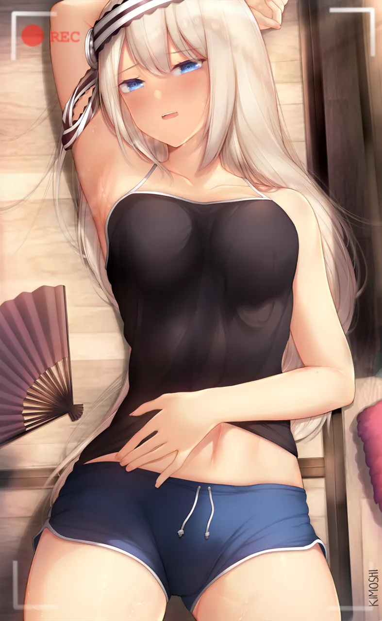 1girl armpits artist_name black_camisole blue_eyes blue_shorts blush breasts camisole collarbone from_above grey_hair half_closed_eyes hand_fan hand_on_own_stomach headband kaguya_sama_wa_kokurasetai__tensai_tachi_no_renai_zunousen kimoshi long_hair looking_at_viewer lying medium_breasts midriff_peek on_back open_mouth recording shirogane_kei short_shorts shorts solo