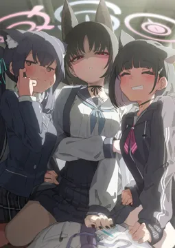 1boy 3girls animal_ear_fluff animal_ears black_choker black_hair black_jacket black_sailor_collar black_skirt blue_neckerchief blush breasts cat_ears cat_girl choker closed_eyes closed_mouth extra_ears grin hair_ornament hair_ribbon hairclip halo hetero jacket long_hair long_sleeves looking_at_viewer multicolored_hair multiple_girls neckerchief necktie plaid_clothes plaid_skirt pleated_skirt pov purple_hair red_eyes ribbon ribbon_choker sailor_collar school_uniform shaded_face short_hair sitting skirt smile straddling sweat trait_connection twintails csham blue_archive kazusa__blue_archive kikyou__blue_archive sensei__blue_archive serika__blue_archive
