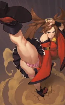 1girl bare_shoulders breasts brown_eyes brown_hair china_dress chinese_clothes detached_sleeves dress fighting_stance flexible guilty_gear guilty_gear_xrd high_heels high_kick kicking kung_fu kuradoberi_jam large_breasts leg_up legs long_hair martial_arts panties riz solo striped_clothes striped_panties thick_thighs thigh_strap thighs underwear very_long_hair wide_sleeves