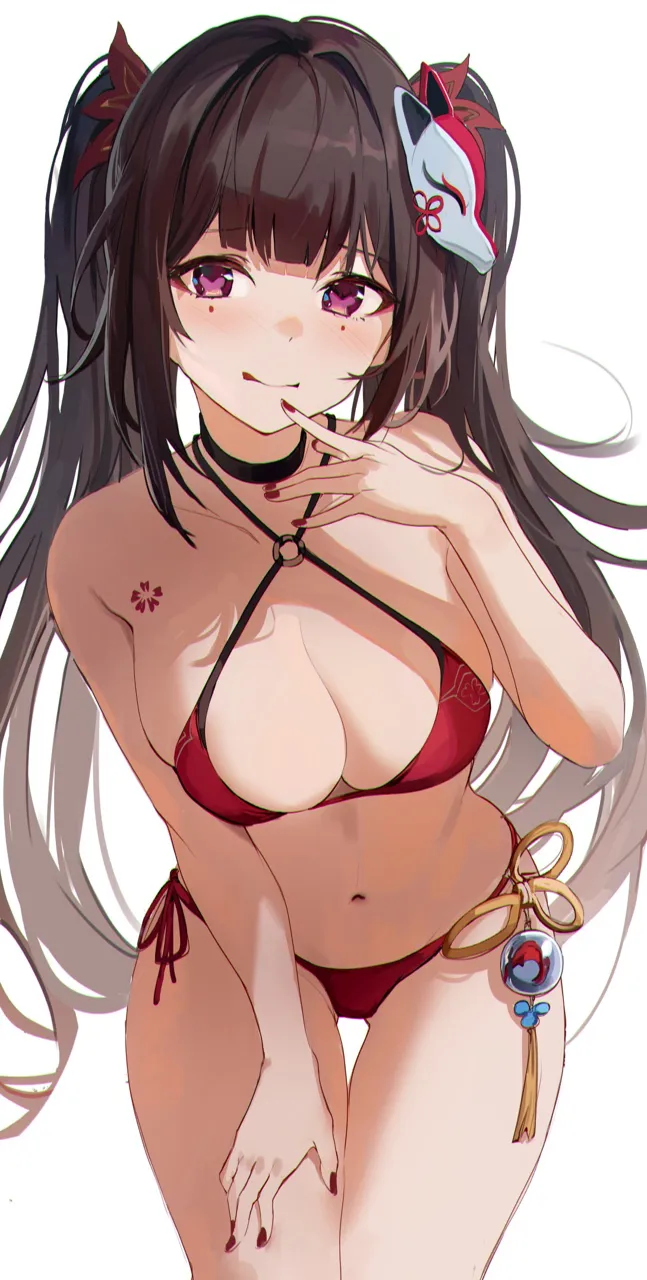 1girl bikini black_choker black_hair breasts choker cleavage cowboy_shot criss_cross_halter fox_mask halterneck honkai__series honkai__star_rail large_breasts long_hair looking_at_viewer mask nail_polish navel purple_eyes re0n red_bikini red_nails side_tie_bikini_bottom simple_background solo sparkle__honkai__star_rail string_bikini swimsuit twintails white_background