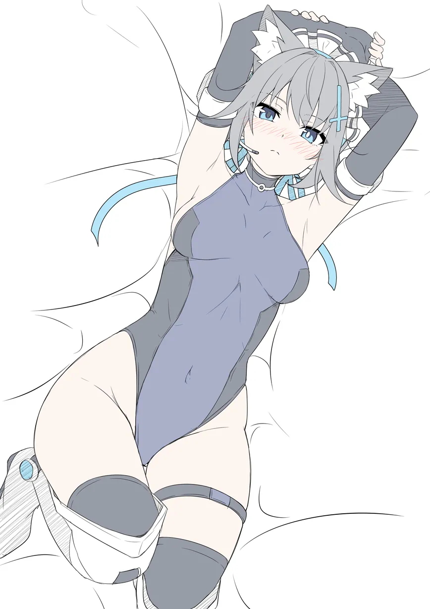 1girl animal_ear_fluff animal_ears arms_up black_gloves black_thighhighs blue_archive blue_eyes blue_leotard blue_ribbon boots breasts breasts_apart closed_mouth cosplay cross_hair_ornament elbow_gloves fingerless_gloves gloves grey_hair hair_ornament knees_up leotard looking_at_viewer lying maid_headdress mecha_pilot_suit medium_breasts mismatched_pupils on_back ribbon shiroko__blue_archive solo t1kosewad thigh_boots thigh_strap thighhighs toki__blue_archive toki__blue_archive__cosplay wolf_ears