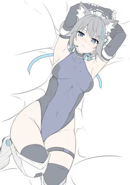 1girl animal_ear_fluff animal_ears arms_up black_gloves black_thighhighs blue_archive blue_eyes blue_leotard blue_ribbon boots breasts breasts_apart closed_mouth cosplay cross_hair_ornament elbow_gloves fingerless_gloves gloves grey_hair hair_ornament knees_up leotard looking_at_viewer lying maid_headdress mecha_pilot_suit medium_breasts mismatched_pupils on_back ribbon shiroko__blue_archive solo t1kosewad thigh_boots thigh_strap thighhighs toki__blue_archive toki__blue_archive__cosplay wolf_ears