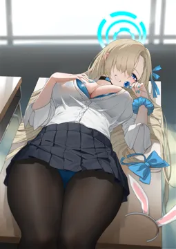 1girl asuna__blue_archive asuna__bunny__blue_archive asuna__school_uniform__blue_archive black_choker black_pantyhose black_skirt blonde_hair blue_archive blue_eyes blue_halo blue_leotard blue_nails blue_ribbon blue_scrunchie blush breasts buttons candy choker desk fingernails food grin hair_over_one_eye hair_ribbon halo hitomi__tongshou holding holding_candy holding_food indoors large_breasts leotard leotard_under_clothes lollipop long_hair long_sleeves looking_at_viewer nail_polish pantyhose pleated_skirt ribbon school_desk school_uniform scrunchie shirt skirt smile solo very_long_hair white_shirt wrist_scrunchie
