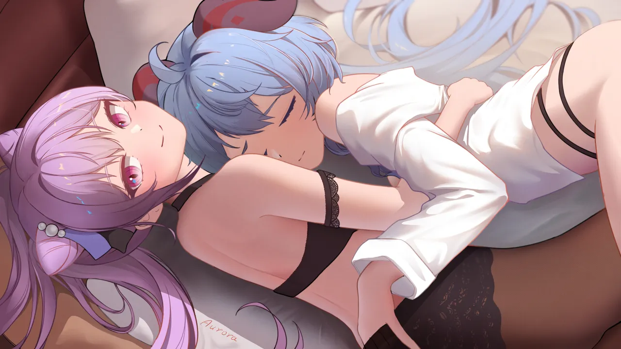 2girls bare_shoulders black_bra black_panties blue_hair blush bra brown_pantyhose closed_eyes cone_hair_bun couch cuddling double_bun hair_bun hand_in_pantyhose horns hug long_sleeves looking_at_viewer multiple_girls off_shoulder on_couch panties panties_under_pantyhose pantyhose purple_eyes purple_hair shirt smile underwear white_shirt yuri hnbsgy genshin_impact ganyu__genshin_impact keqing__genshin_impact
