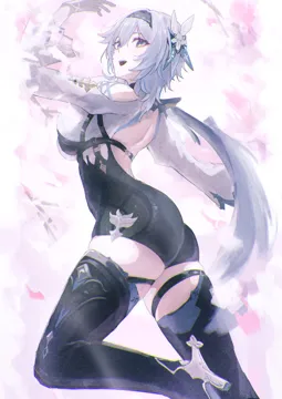 1girl ass backless_outfit black_boots black_gloves black_hairband blue_hair boots breasts chest_harness clothing_cutout foot_out_of_frame from_side gloves hair_ornament hairband hand_up harness high_waist_shorts high_heel_boots high_heels looking_at_viewer looking_back median_furrow medium_breasts open_mouth shorts shoulder_cutout side_cape solo thigh_boots white_background white_sleeves wide_sleeves sanshoku_dango__shukosuko genshin_impact eula__genshin_impact