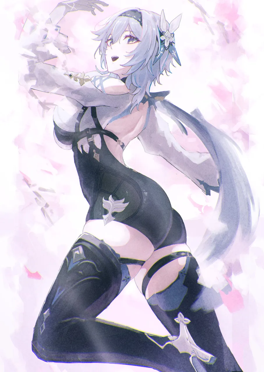 1girl ass backless_outfit black_boots black_gloves black_hairband blue_hair boots breasts chest_harness clothing_cutout foot_out_of_frame from_side gloves hair_ornament hairband hand_up harness high_waist_shorts high_heel_boots high_heels looking_at_viewer looking_back median_furrow medium_breasts open_mouth shorts shoulder_cutout side_cape solo thigh_boots white_background white_sleeves wide_sleeves sanshoku_dango__shukosuko genshin_impact eula__genshin_impact