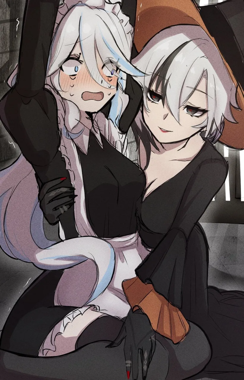2girls alternate_costume apron black_dress black_gloves blue_eyes blush breasts cleavage enmaided eyebrows_visible_through_hair gloves hair_between_eyes hat long_hair maid maid_apron maid_headdress multicolored_hair multiple_girls open_mouth short_hair streaked_hair waist_apron white_apron yuri kantai_collection yan_ruina__kantai_collection