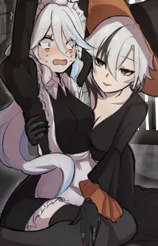 2girls alternate_costume apron black_dress black_gloves blue_eyes blush breasts cleavage enmaided eyebrows_visible_through_hair gloves hair_between_eyes hat long_hair maid maid_apron maid_headdress multicolored_hair multiple_girls open_mouth short_hair streaked_hair waist_apron white_apron yuri kantai_collection yan_ruina__kantai_collection