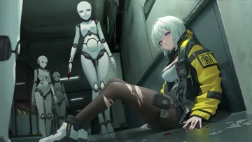 1girl black_pantyhose blood blood_on_hands blush breasts closed_mouth doll doll_joints expressionless indoors jacket joints large_breasts open_clothes open_jacket pantyhose purple_eyes robot_girl robot_joints short_hair sidelocks sitting torn_clothes torn_pantyhose white_hair xzu