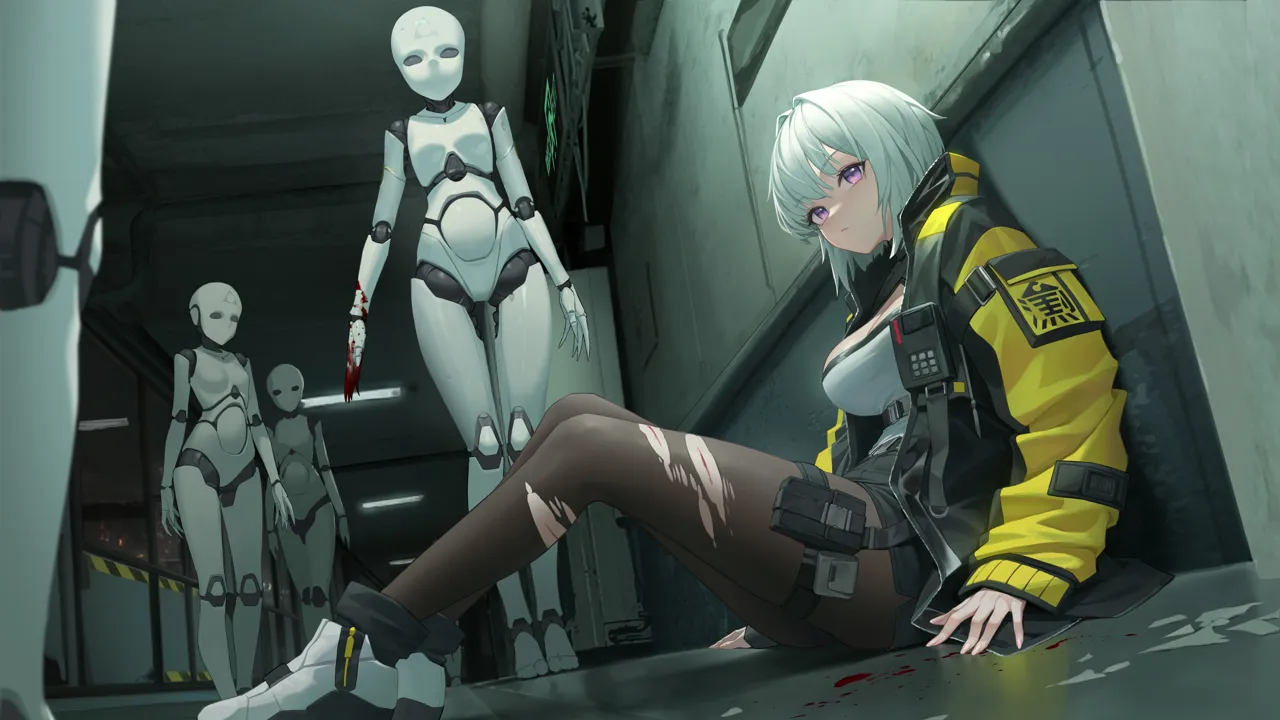 1girl black_pantyhose blood blood_on_hands blush breasts closed_mouth doll doll_joints expressionless indoors jacket joints large_breasts open_clothes open_jacket pantyhose purple_eyes robot_girl robot_joints short_hair sidelocks sitting torn_clothes torn_pantyhose white_hair xzu
