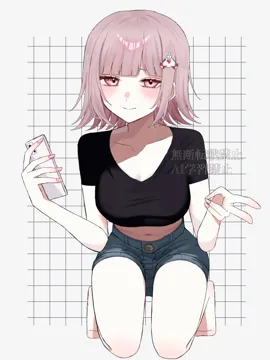 1girl black_shirt blush breasts denim denim_shorts holding holding_phone large_breasts medium_hair navel phone pink_hair seiza shirt shorts sitting solo su_no__su_no090 danganronpa__series danganronpa_2__goodbye_despair galaga nanami_chiaki
