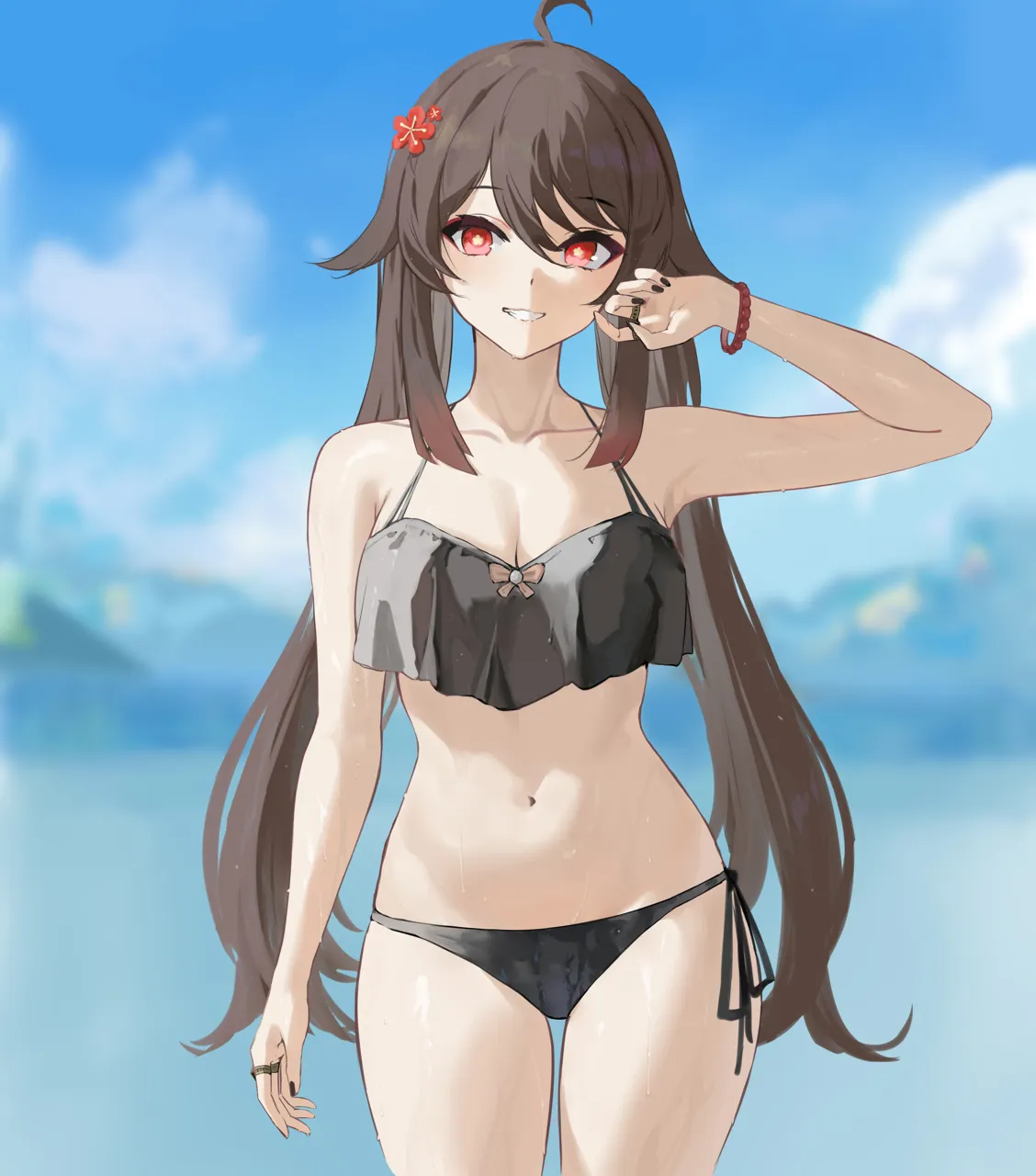 1girl ahoge bare_shoulders bikini black_bikini blue_sky blush breasts brown_hair cleavage collarbone day flower genshin_impact grin hair_flower hair_ornament halterneck hu_tao__genshin_impact jewelry liangfen long_hair looking_at_viewer navel ohisashiburi__style outdoors red_eyes ring side_tie_bikini_bottom sky smile solo string_bikini swimsuit symbol_shaped_pupils thighs twintails very_long_hair
