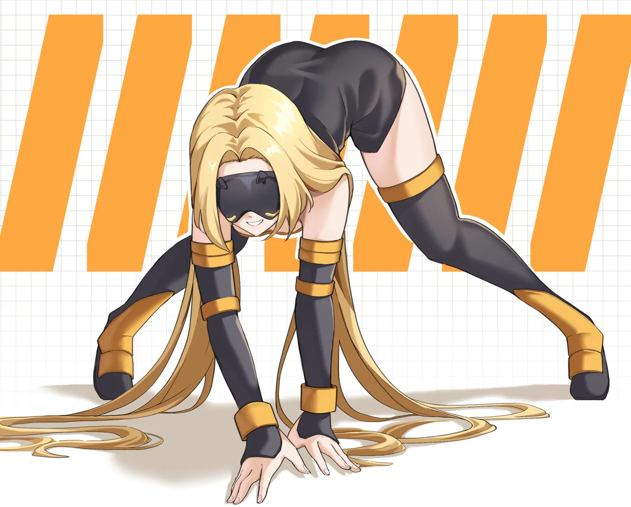 1girl all_fours ass black_boots black_dress blonde_hair boots cosplay detached_sleeves dress eye_mask long_hair medusa__rider__fate__cosplay smile solo thigh_boots white_background shibazakie fate_stay_night fate__series zenless_zone_zero medusa__fate medusa__rider__fate trigger__zenless_zone_zero