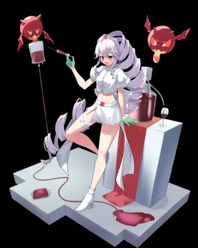 1girl black_background blood blood_bag crop_top drill_hair fang full_body gloves green_gloves hand_up hat high_heels long_hair looking_at_viewer midriff miniskirt navel nurse nurse_cap ponytail red_eyes revealing_clothes shirt short_sleeves side_slit skirt smile solo standing stomach symbol_shaped_pupils syringe thigh_strap thighs v_shaped_eyebrows very_long_hair white_footwear white_hair white_hat white_shirt white_skirt cocoablue23 panilla_the_revival teresa__panilla_the_revival